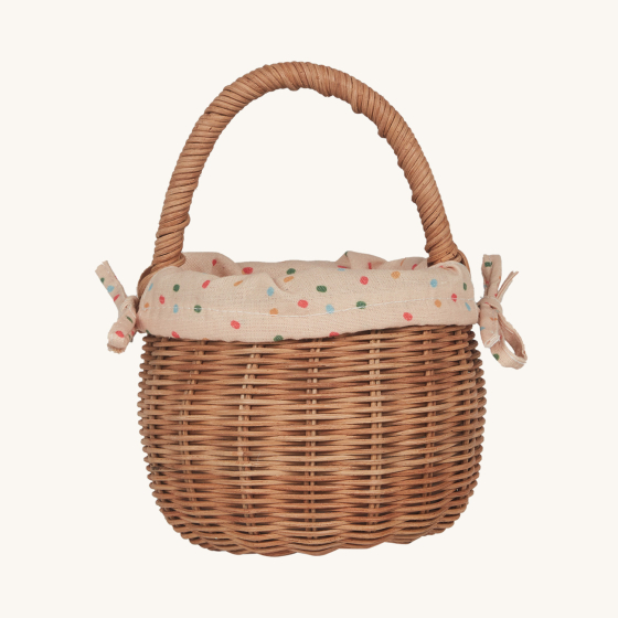 Olli Ella Rattan Berry Basket with Lining – Gumdrop. A beautiful lined rattan basket, with gumdrop print on a cream background