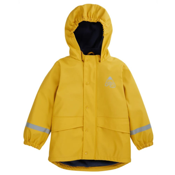 This Frugi Bumblebee Puddle Buster Coat is a solid yellow waterproof rain jacket for children with a navy blue fleece lining. Waterproof to 10,000 HH and made from recycled plastic bottles.