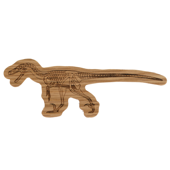 Reel wood eco-friendly wooden velociraptor dinosaur toy on a white background