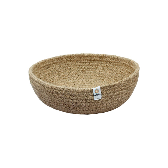 ReSpiin Jute Natural Medium woven Bowl with white respiin label on a white background