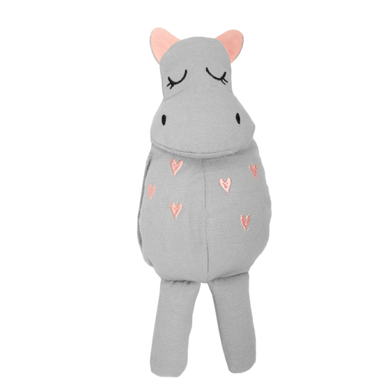 Roommate grey hippo rag doll soft toy on a white background