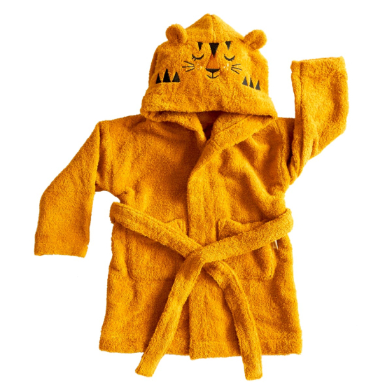 Roommate organic cotton kids bathrobe in the tiger design on a white background