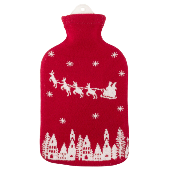 Eco Living Natural Rubber Hot Water Bottle in red with a white Santa's sleigh, town, and snow flake design