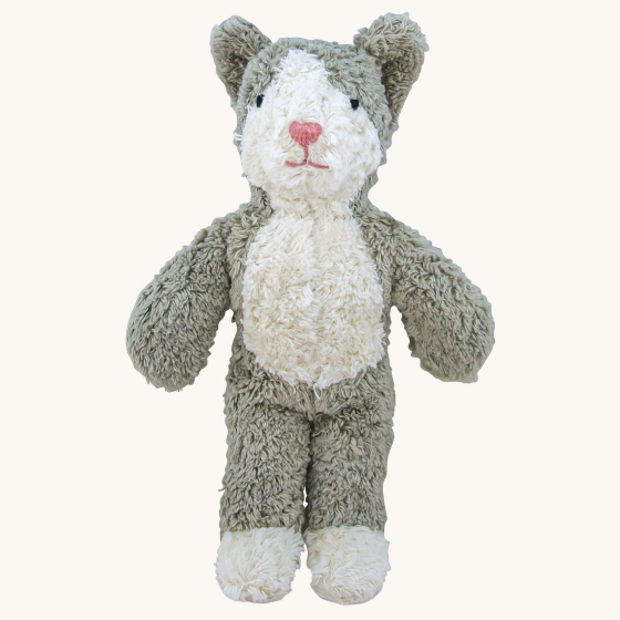 Senger Animal Baby Cat Toy. Made entirely of sustainably-produced cotton plush, and can safely be sucked or chewed, a soft body plush toy cat in light grey with a white fluffy belly, on a cream background