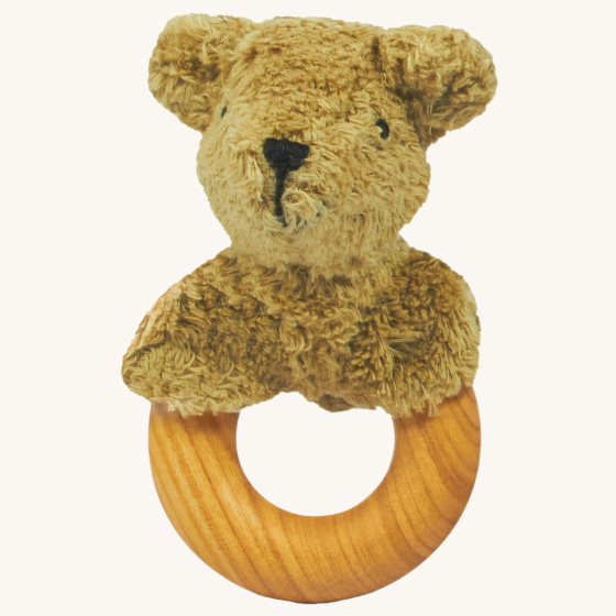 Senger Wooden Animal Grasping and Teething Toy - Bear. A smooth cherry wood ring with a plush bear head made of 100% organic cotton stuffed with sheep wool.