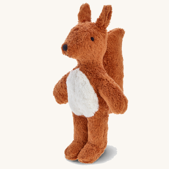 Senger Animal Baby Squirrel Toy. Made entirely of sustainably-produced cotton plush, and can safely be sucked or chewed, a soft body plush toy squirrel in light brown/ginger with a white fluffy belly, on a cream background