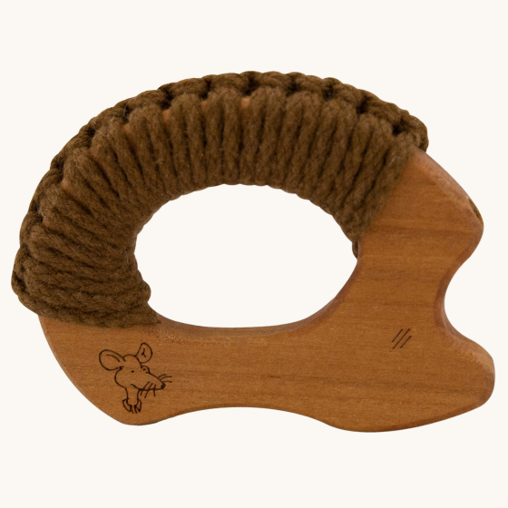 SENGER wooden grasping and teething Hedgehog made with oiled cherry wood and brown yarn, on a cream background