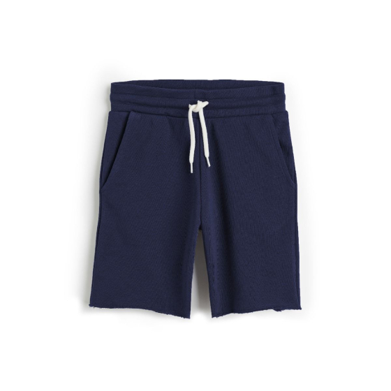 Eco Outfitters Organic Cotton Drawstring Sweat Shorts. Navy shorts with white drawstring at waist. On white background