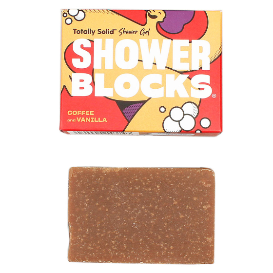 Shower Blocks coffee and vanilla solid gel bar pictured on a plain background