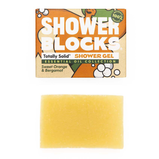Shower Blocks essential oil collection sweet orange & bergamot fragranced plastic free Gel Bar pictured next to the box on a plain background 