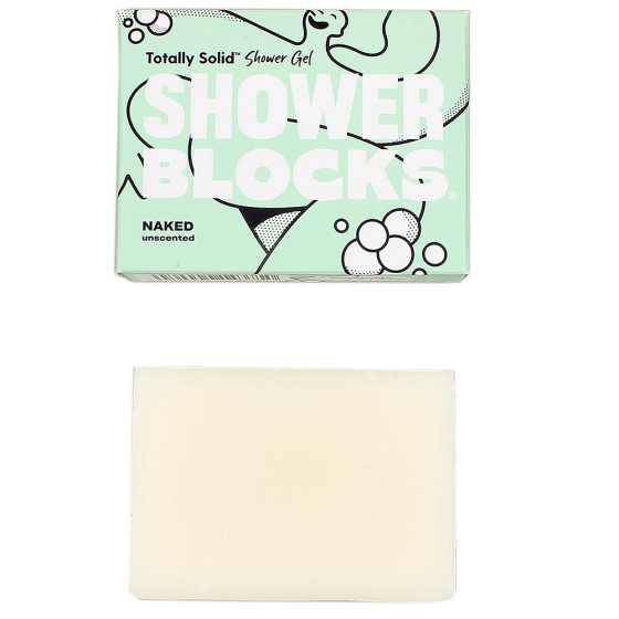Natural unscented Shower Blocks solid gel bar pictured next to it's box on a plain background