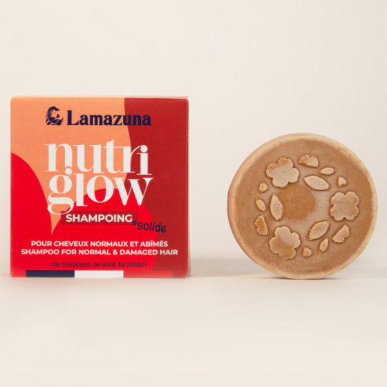 Picture of the Lamazuna Nutri Glow solid shampoo bar for normal and damaged hair, in its red box.