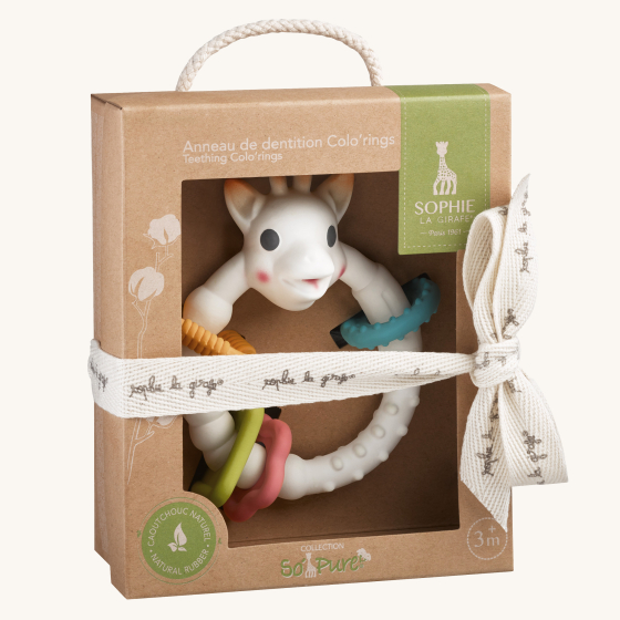 Sophie la Girafe® - So'Pure Multi-textured Sensory Teether Ring. A natural rubber, multi textured white teething ring, with a light blue, pink, green and orange small teething rings attached