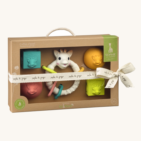 Sophie The Giraffe - So Pure Early Learning Gift Set contents in the box, with a decorative ribbon on a cream background