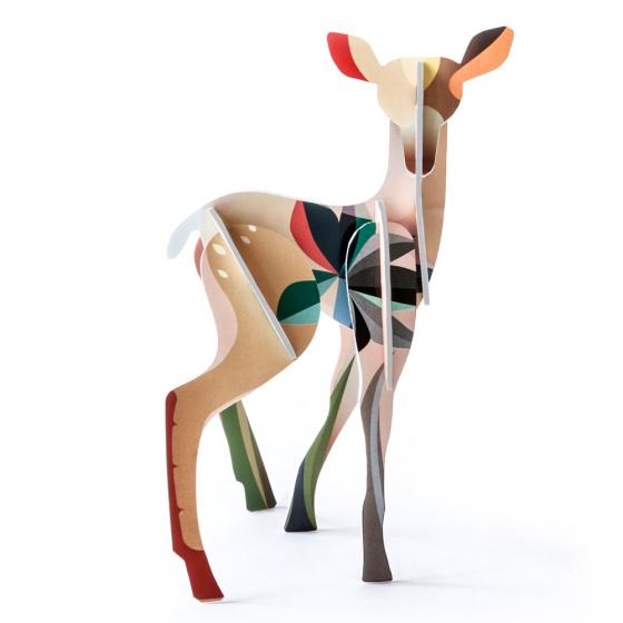 Studio roof eco-friendly cardboard totem fawn model stood on a white background