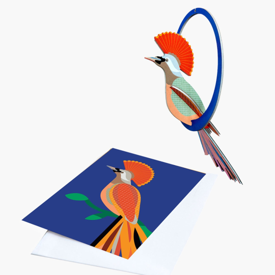 Studio ROOF paradise Bird pop out card in Crowned Obi design. Picture shows flat card and pre popped out bird on white background
