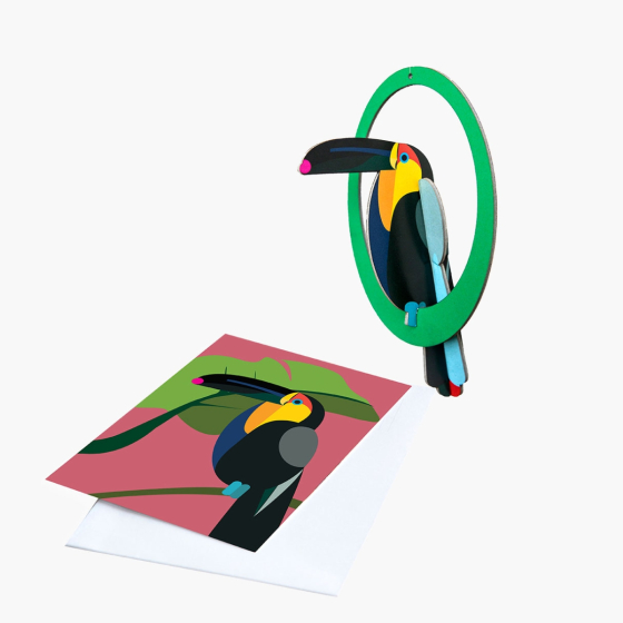 Studio ROOF paradise Bird pop out card in Toucan design. Picture shows flat card and pre popped out bird on white background