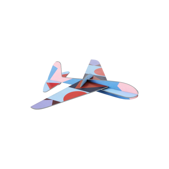 The Studio ROOF Robin Plane, a cardboard model plane with geometric patterns and bright colours, put together, on white background.