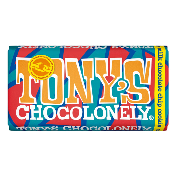 Tony's Chocolonely Fairtrade milk chocolate chip cookie bar on a white background