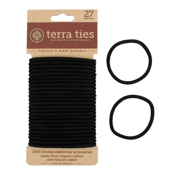 Terra Ties black natural rubber hair bands pack on a white background