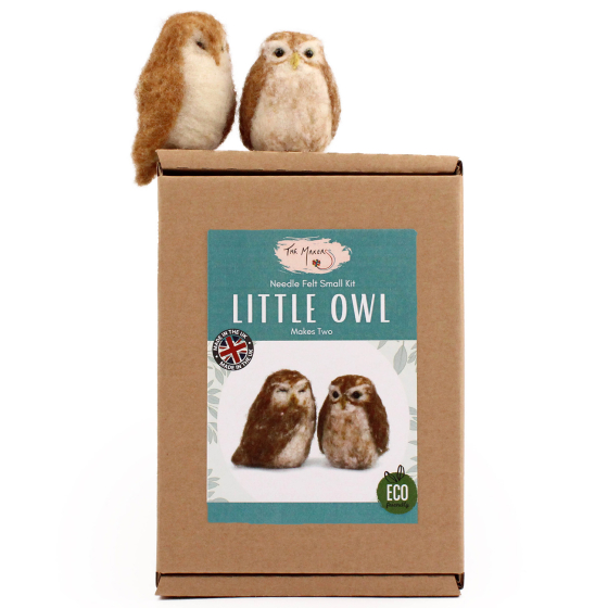 The Makerss Needle Felt Small Little Owl. Two beautifully crafted little brown and cream owls, one with their eyes open and the others closed, stood on top of their box