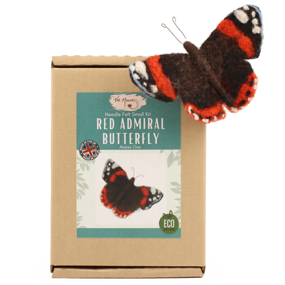 The Makerss Needle Felt Red Admiral Butterfly. A beautifully crafted butterfly in red, black and white, sat on its box