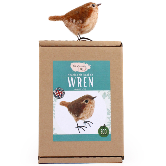 Perfect for garden crafting scenes, The Makerss Needle Felt Wren. A beautifully crafted dark and light drown wren bird with black eyes and feet, stood on top of its box