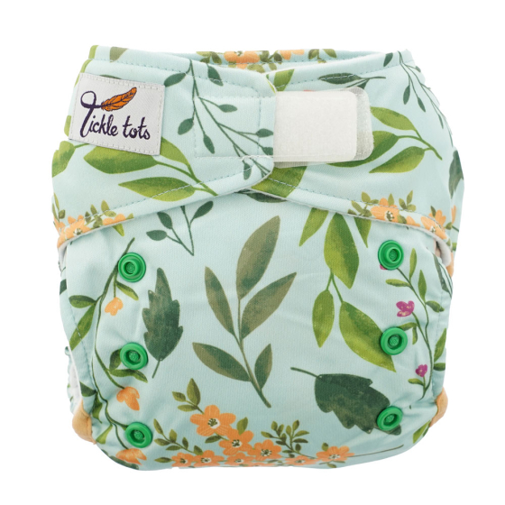 Tickle tots eco-friendly all in one bloom print baby nappy on a white background
