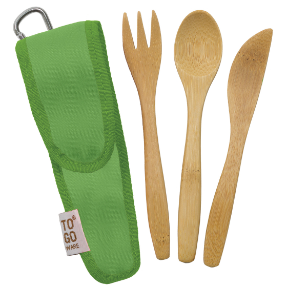 Children's bamboo utensil set with 1 x knife, fork, and spoon. The set comes with a kiwi-coloured carry case with a carabiner.