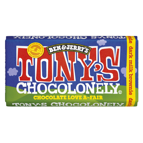 Tony's Chocolonely x Ben & Jerry's Fairtrade dark milk brownie chocolate bar on a white background