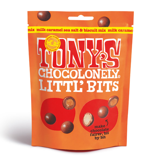 Tony's Chocolonely Litl' Bits Milk Caramel Sea Salt Biscuit pouch