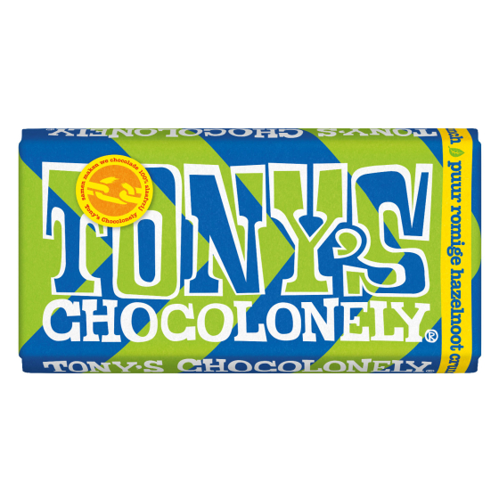 Tony's Chocolonely Dark Creamy Hazelnut Crunch Bar 180g pictured on a plain background 