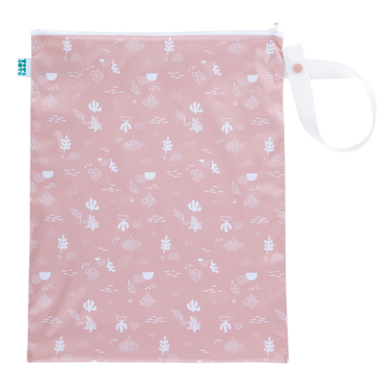 Front of the Tots bots eco-friendly reusable pink nappy wet bag laid out on a white background