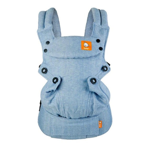 Tula explore linen baby carrier in the rain blue colour on a white background