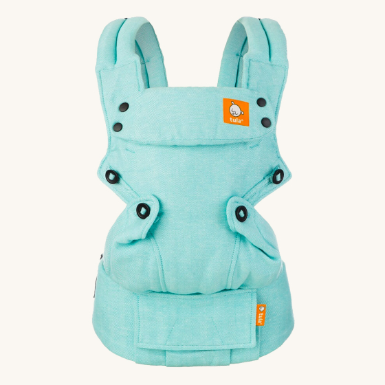 Tula explore front facing baby carrier in the blue robin print on a beige background