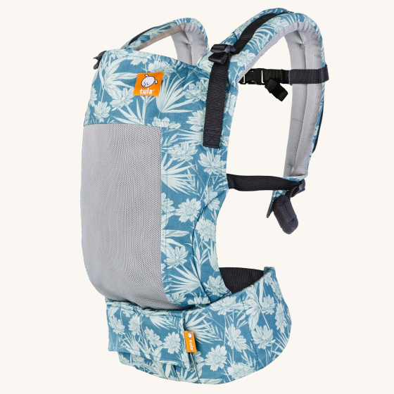 Tula Free To Grow Baby Carrier in a light blue coloured Paradise print pictured on a plain background