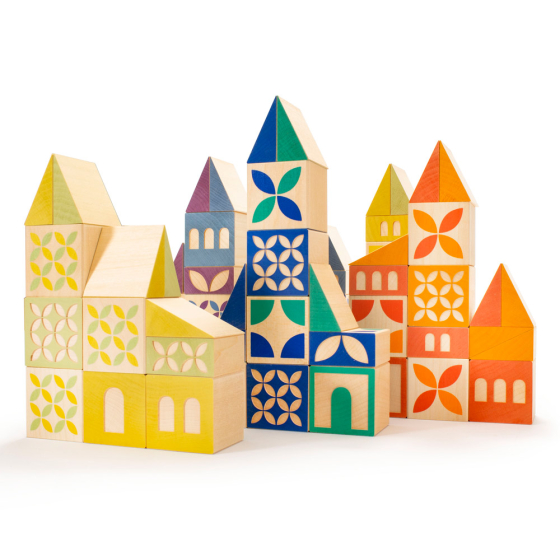 Uncle goose eco-friendly wooden gosling square building blocks set stacked in 3 piles on a white background