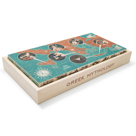 Uncle Goose Greek Mythology wooden toy blocks lined up in their box to make a map picture
