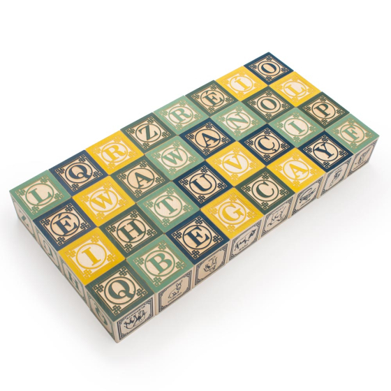 Uncle Goose eco-friendly wooden Portuguese language blocks laid out in a rectangle on a white background