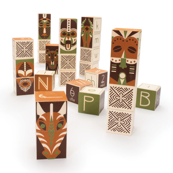Uncle Goose handmade swahili wooden language toy blocks stacked in towers on a white background