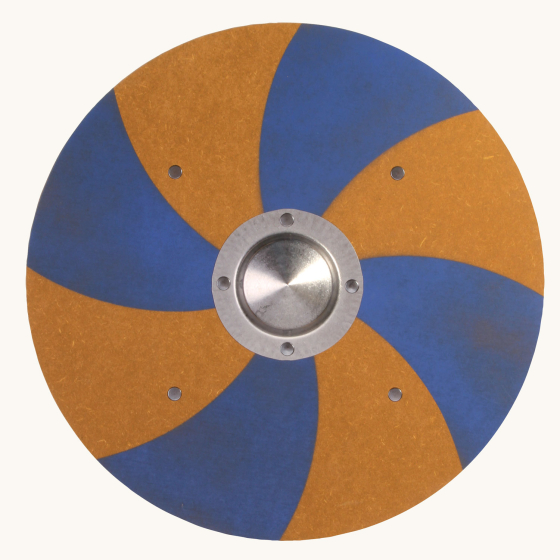 Vah Grimwald Blue & Yellow Round Wooden Shield pictured on a plain background 