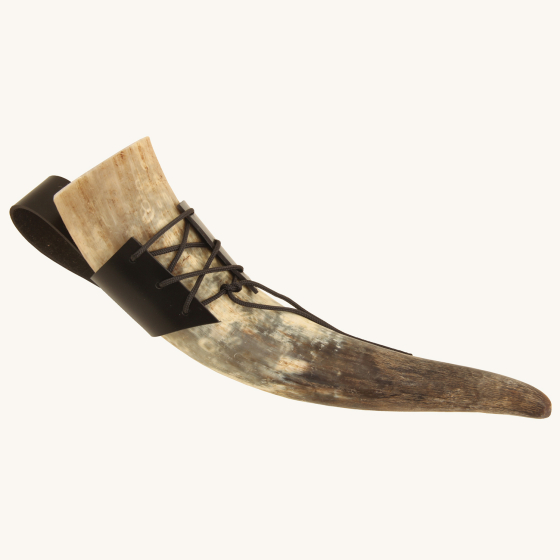 Vah Natural Drinking Horn with belt loop holder pictured on a plain background
