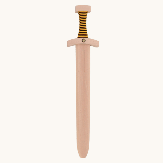 The Vah Norman Knights Wooden Toy Sword made from solid beech wood with a Black & Yellow cotton bound handle on a plain background. 
