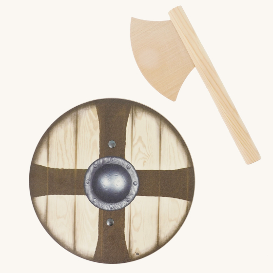 Vah Ragnar Mini Viking Wooden Shield & Axe Set pictured on a plain background 