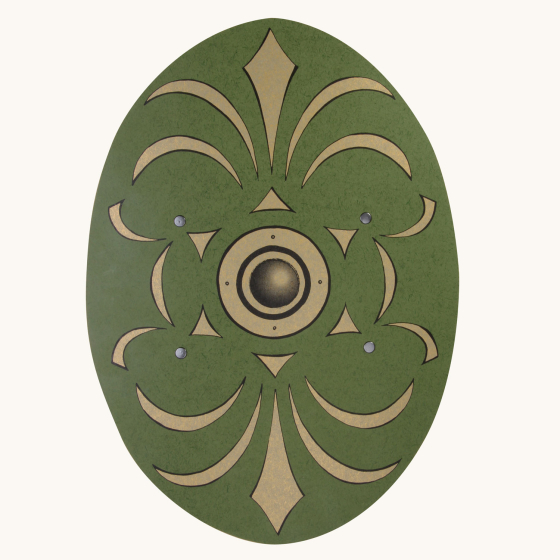 Vah green and gold coloured Oval shaped Roman Flavius Wooden Shield Toy pictured on a plain background
