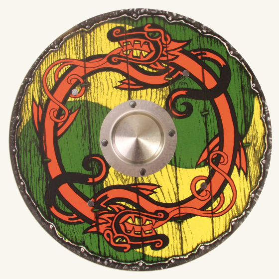 Vah Yellow & Green Viking Wooden Shield Kids Toy pictured on a plain background