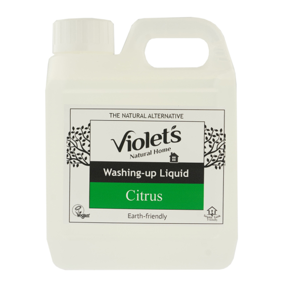 Violets eco-friendly natural citrus 1 litre washing up liquid bottle on a white background