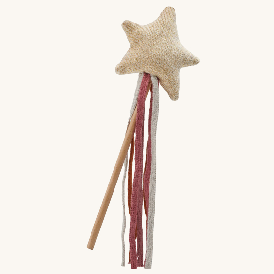Avery Row Gold Kitted Sparkle wand Toy - Perfect for toddlers who love to play dress up. Wand has a gold knitted star, pink, white and orange ribbons on a wooden stick