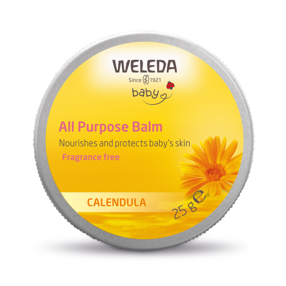 Weleda Baby Calendula All Purpose Balm is a small round pot with orange lid to keep in your changing bag for healing, protecting and soothing skin with a multitude of uses. 
