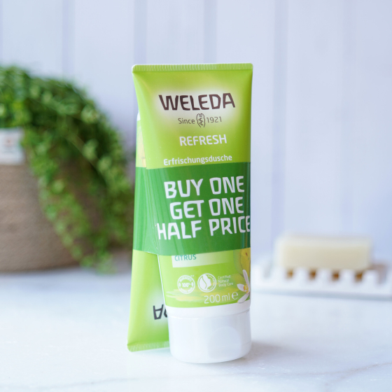 Weleda Refresh Aroma Creamy Body Wash 200ml - OFFER, two green tubes of natural citrus creamy body wash with  Buy 1 Get 1 Half Price band